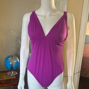 Shade & Shore Magenta Ribbed V-Neck One-Piece Swimsuit